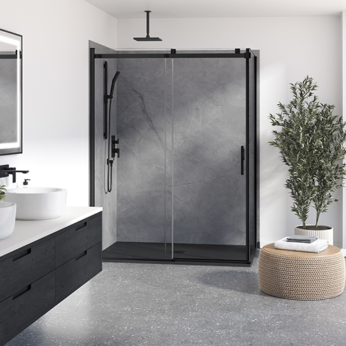 Un espace douche noir et gris avec la robinetterie Kalia.